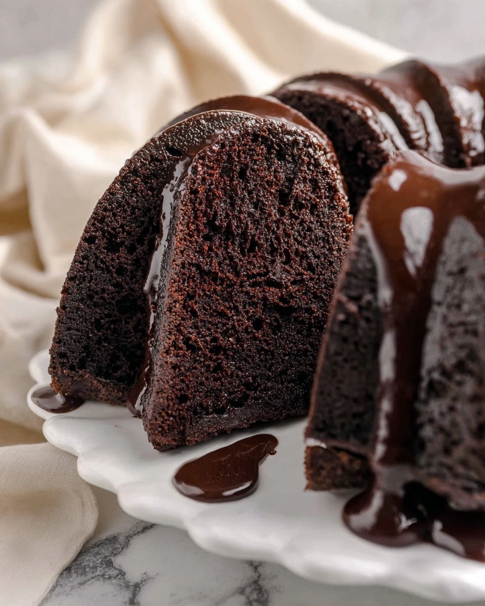 A dark chocolate bundt cake sits on a white scalloped cake stand, covered with thick, glossy chocolate glaze dripping down its sides in smooth, shiny waves. The cake itself is rich and dense with a matte texture, creating a deep contrast with the shiny glaze. In the background, a blurred glass bottle of milk and a folded cream cloth rest on a white marbled surface, adding soft neutral tones to the scene. Photo taken with an iphone --ar 4:5 --v 7