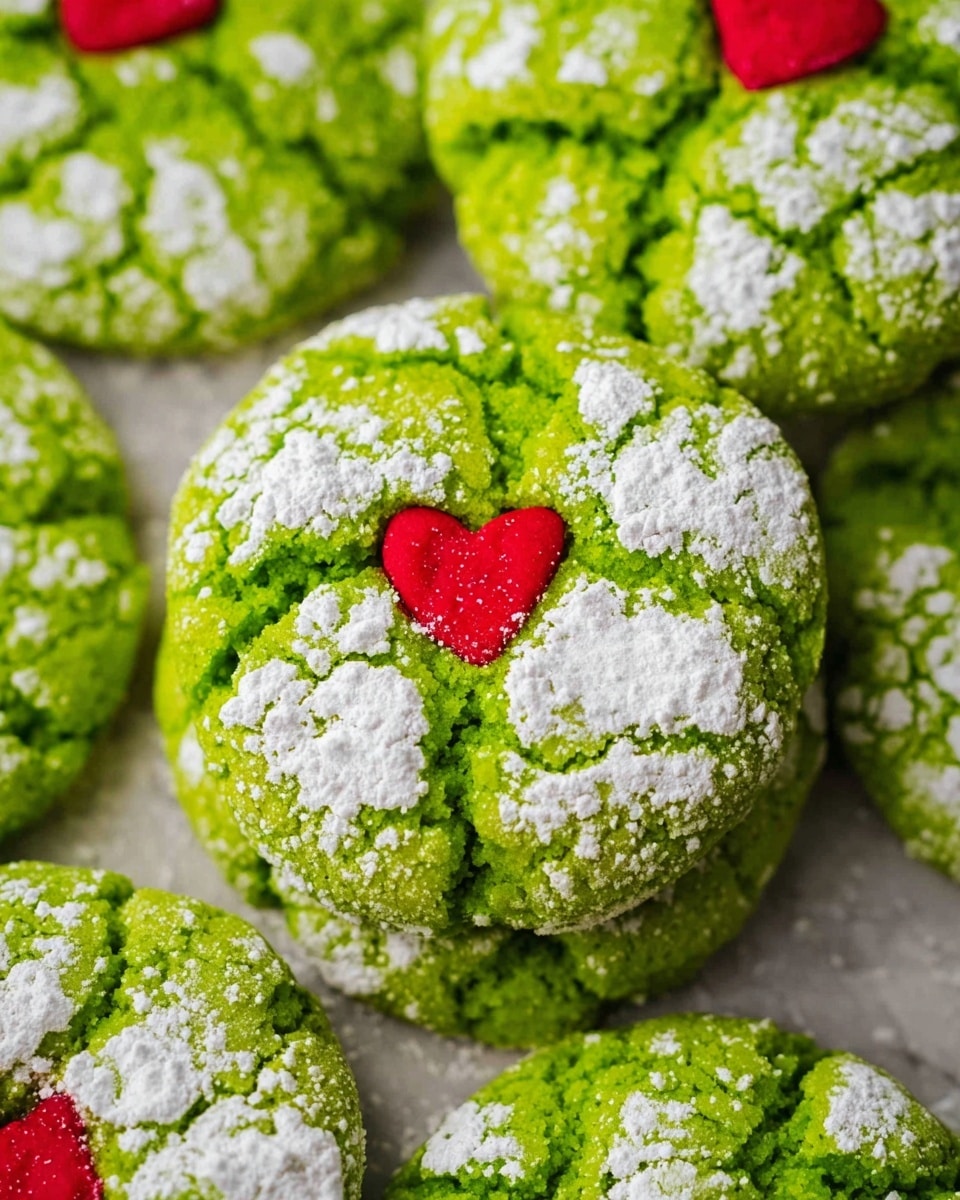 The image shows bright green cookies with a cracked surface texture lightly covered in white powdered sugar, giving a mottled pattern on top. Each cookie is soft and round, with a small red heart-shaped decoration placed near the center, adding a pop of color. The cookies are stacked, overlapping each other against a white marbled texture. The texture of the cookies looks slightly rough and crumbly with the powdered sugar contrasting sharply against the vivid green base. photo taken with an iphone --ar 4:5 --v 7