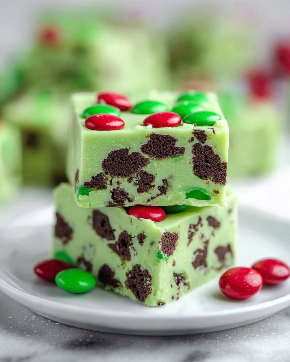 Two square pieces of green fudge stacked on top of each other on a white marbled surface, with visible dark cookie chunks spread throughout the green fudge layers. The top piece is decorated with a few red and green candy-coated chocolates placed in the center. More pieces of the same fudge can be seen blurred in the background, along with scattered red and green candies on the surface. The fudge looks smooth and creamy with a soft texture. photo taken with an iphone --ar 4:5 --v 7