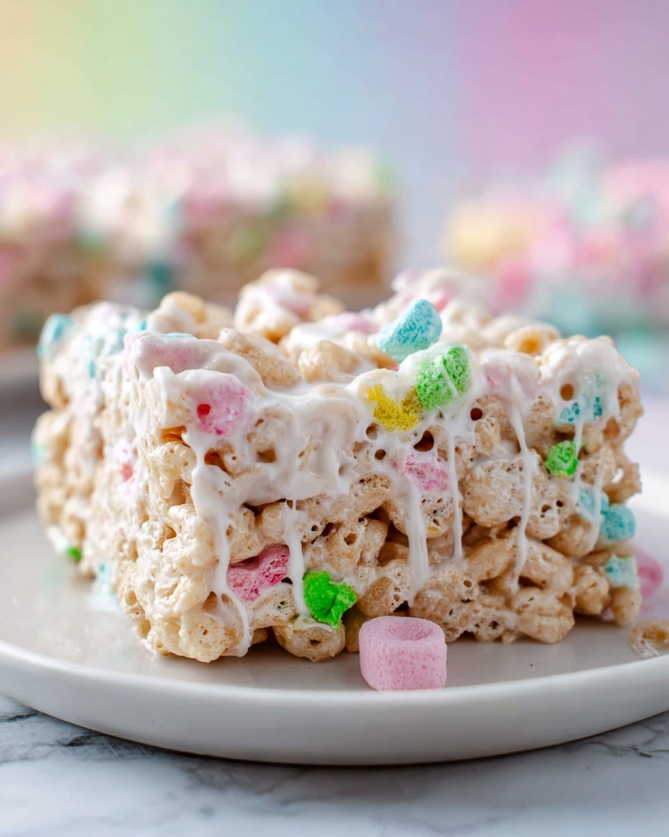 The image shows a close-up of a single layered treat with a base made of tan crispy cereal pieces held together by a sticky, glossy white marshmallow layer that covers most of the cereal, creating a soft, gooey texture with visible stretched strands. Mixed in are small, colorful pink, green, and blue marshmallow bits scattered throughout the top and sides, adding pops of color and texture. This sugary bar sits on a plain white plate with a smooth finish, placed on a white marbled surface. In the background, soft pastel colors blur into a gentle bokeh, giving a light and airy feel. photo taken with an iphone --ar 4:5 --v 7
