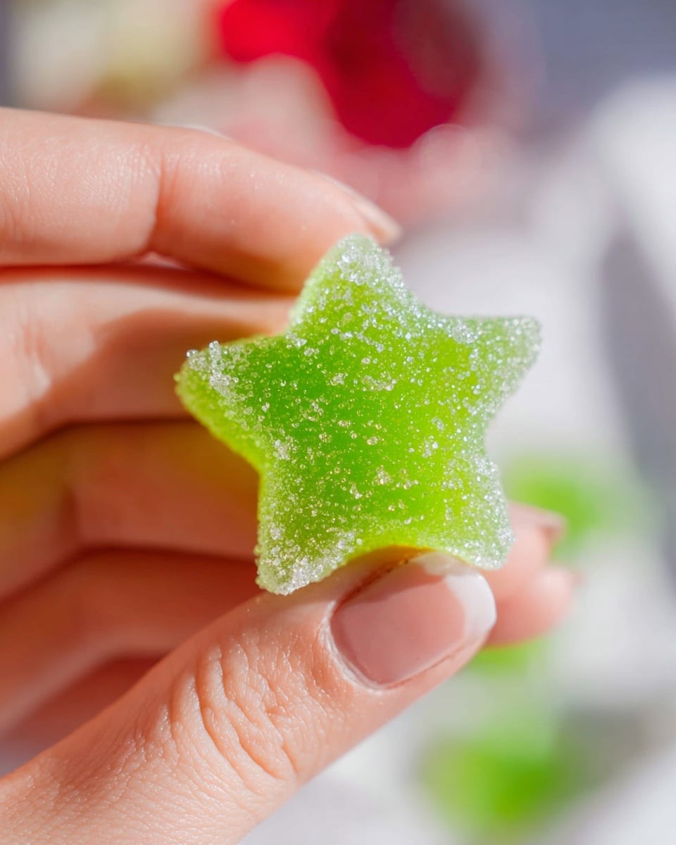 A close-up image showing a woman's hand holding a single green, star-shaped gummy candy covered in sugar crystals, giving it a rough, sparkly texture. The candy is bright green with clear edges, and the background is softly blurred with hints of red, white, and green colors, set against a white marbled texture. photo taken with an iphone --ar 4:5 --v 7