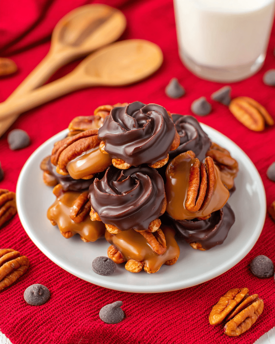 A stack of two white plates holds a cluster of pecans dipped in two types of coatings, forming multiple layers; the bottom layer shows glossy light brown caramel coating with smooth texture, while the top layer consists of dark brown, swirled chocolate covering forming flower-like swirls centered on each pecan. Whole pecans with a rich orange-brown color peek out between the coated sections, adding texture and depth around the edges and between the layers. The plates sit on a bright red textured cloth, scattered with loose pecans and dark chocolate chips, with wooden spoons and a glass of milk blurred in the background. photo taken with an iphone --ar 4:5 --v 7