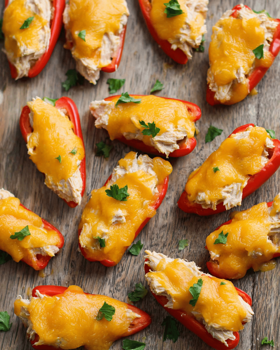 The image shows many small stuffed red mini bell peppers spread across a wooden surface. Each pepper is cut in half lengthwise and filled with a light-colored creamy tuna salad. On top of the tuna salad, there is a thick layer of melted bright orange cheddar cheese, slightly shiny and smooth in texture. Small green parsley leaves are placed randomly on the cheese for garnish, adding a fresh touch of color. The overall look is warm and inviting with a mix of red, orange, creamy beige, and green on the wooden background. photo taken with an iphone --ar 4:5 --v 7