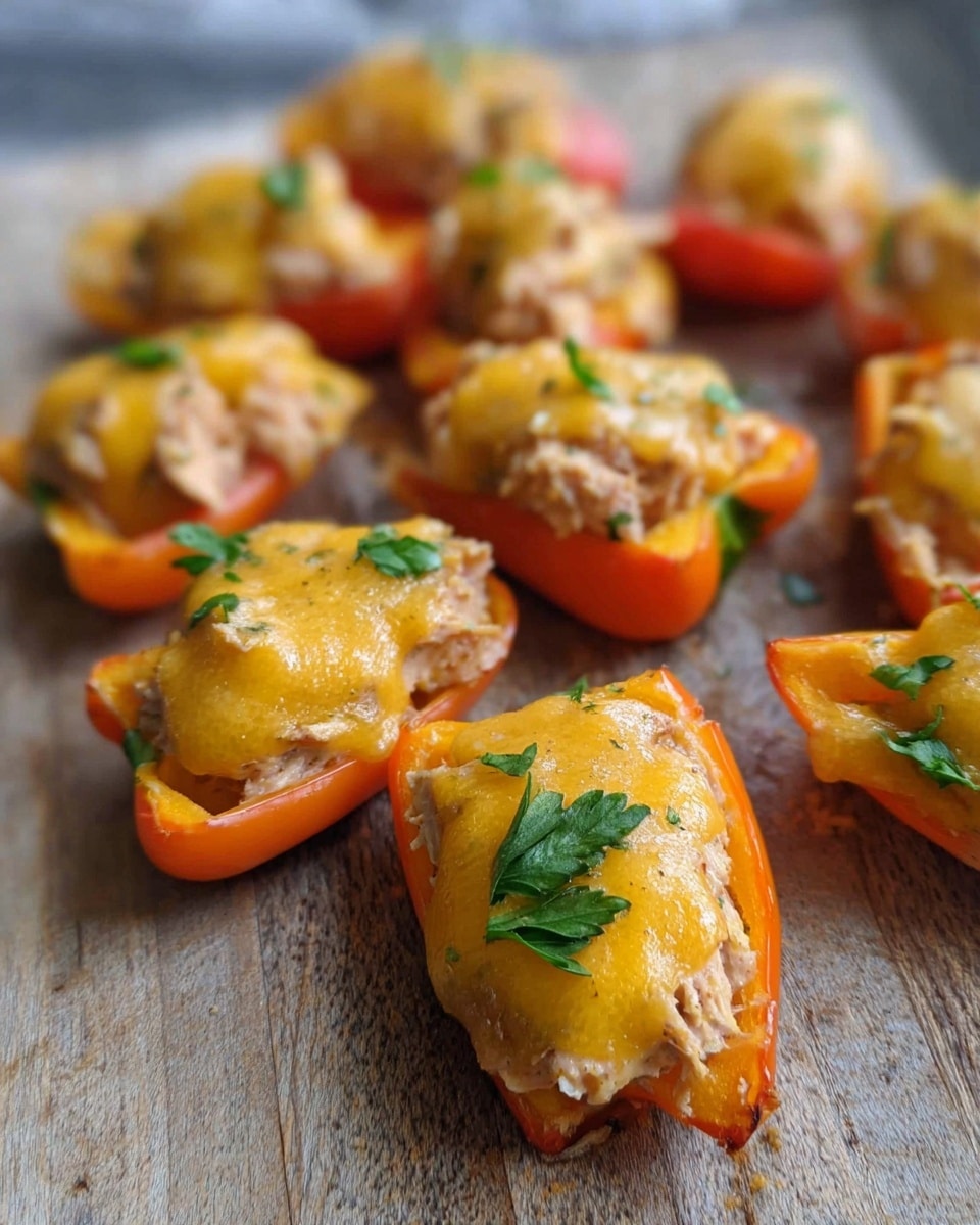 Small orange pepper halves are filled with a light brown tuna mixture, topped with a melted yellow cheddar cheese slice. Each piece is garnished with a small green parsley leaf. The peppers sit closely together on a flat surface with a wooden texture, with some parts softly blurred in the background, highlighting the front pieces. photo taken with an iphone --ar 4:5 --v 7