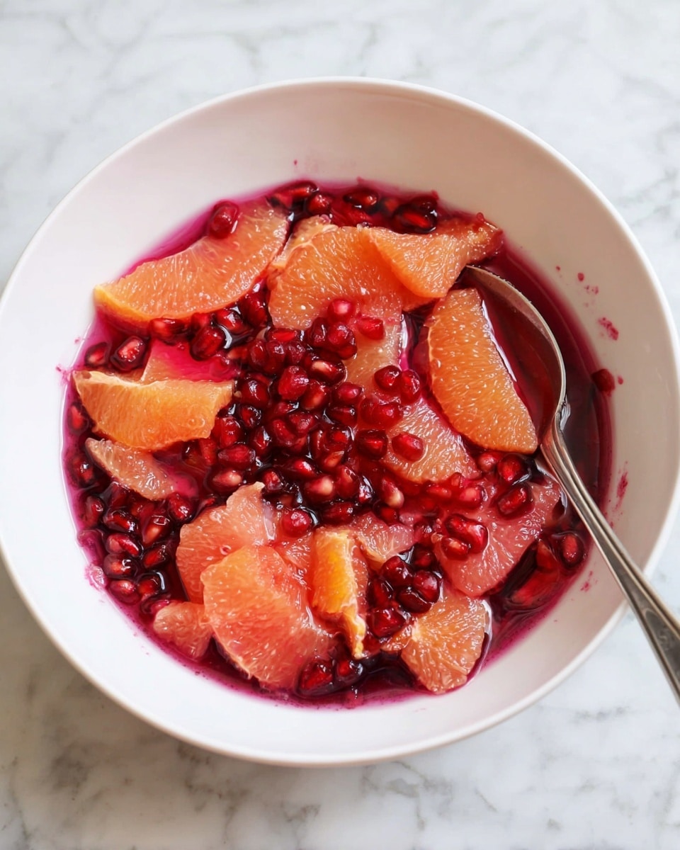 A white bowl filled with layers of pinkish grapefruit segments and bright red pomegranate seeds, all mixed in a deep red juice that slightly stains the inside of the bowl. The grapefruit pieces vary in size and have a juicy, translucent look, while the pomegranate seeds are small, shiny, and densely packed, spread evenly on the top layer. A silver spoon with a simple handle rests inside the bowl on the right side. The bowl sits on a surface with a white marbled texture. photo taken with an iphone --ar 4:5 --v 7