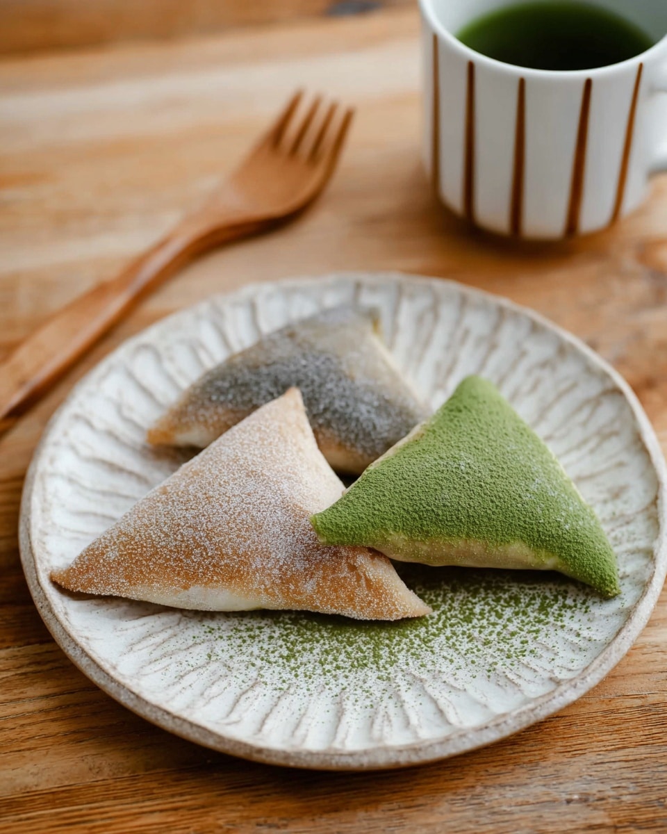 Three triangular-shaped pastries are placed on a white plate with a textured pattern. Two pastries have a light tan color dusted with a fine powder, and the middle one is green with a similar powder on top. To the left of the plate, a wooden fork leans against the edge and a white cup with vertical brown lines is partially visible, filled with a dark green liquid. The entire setting is on a wooden surface that is replaced with a white marbled texture. photo taken with an iphone --ar 4:5 --v 7
