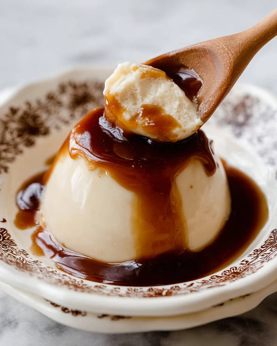 A small pudding shaped like a dome sits on a white plate with a brown leaf pattern around the edge, placed on a white marbled surface covered by a light beige and white cloth. The pudding has two layers: the bottom and main layer is smooth and creamy pale yellow, while the top layer is a shiny, dark caramel sauce that drips slightly down the sides. A wooden spoon rests behind the dish on the plate. photo taken with an iphone --ar 4:5 --v 7