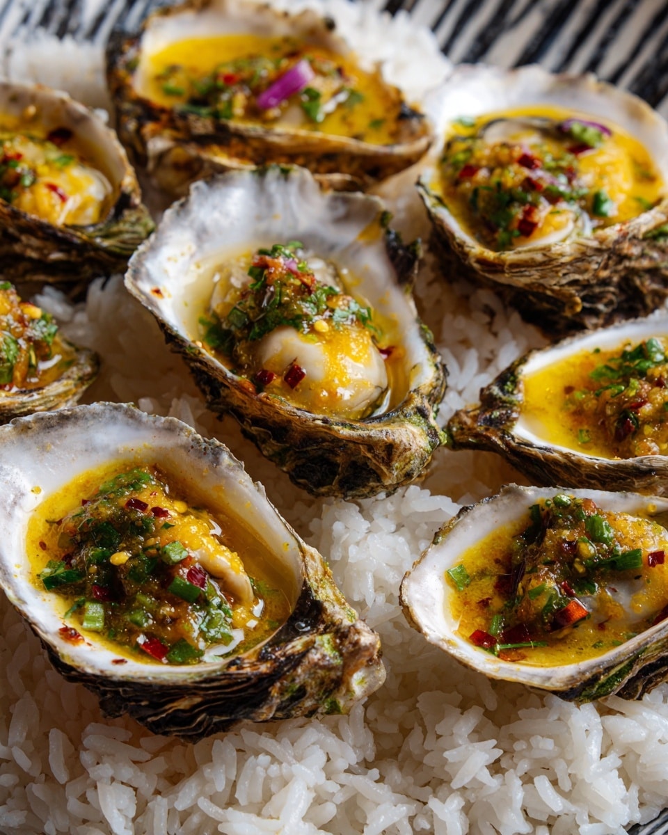 This image shows several oysters on a bed of uncooked white rice, each oyster shell open and holding the oyster inside. Each oyster has a shiny, soft, light beige flesh visible, topped with a sauce that has a bright yellow color and pieces of green and red herbs or seasoning. The oysters are arranged closely together on the rice, with some parts of the rough dark shells visible. The surface under the rice has a white marbled texture. photo taken with an iphone --ar 4:5 --v 7
