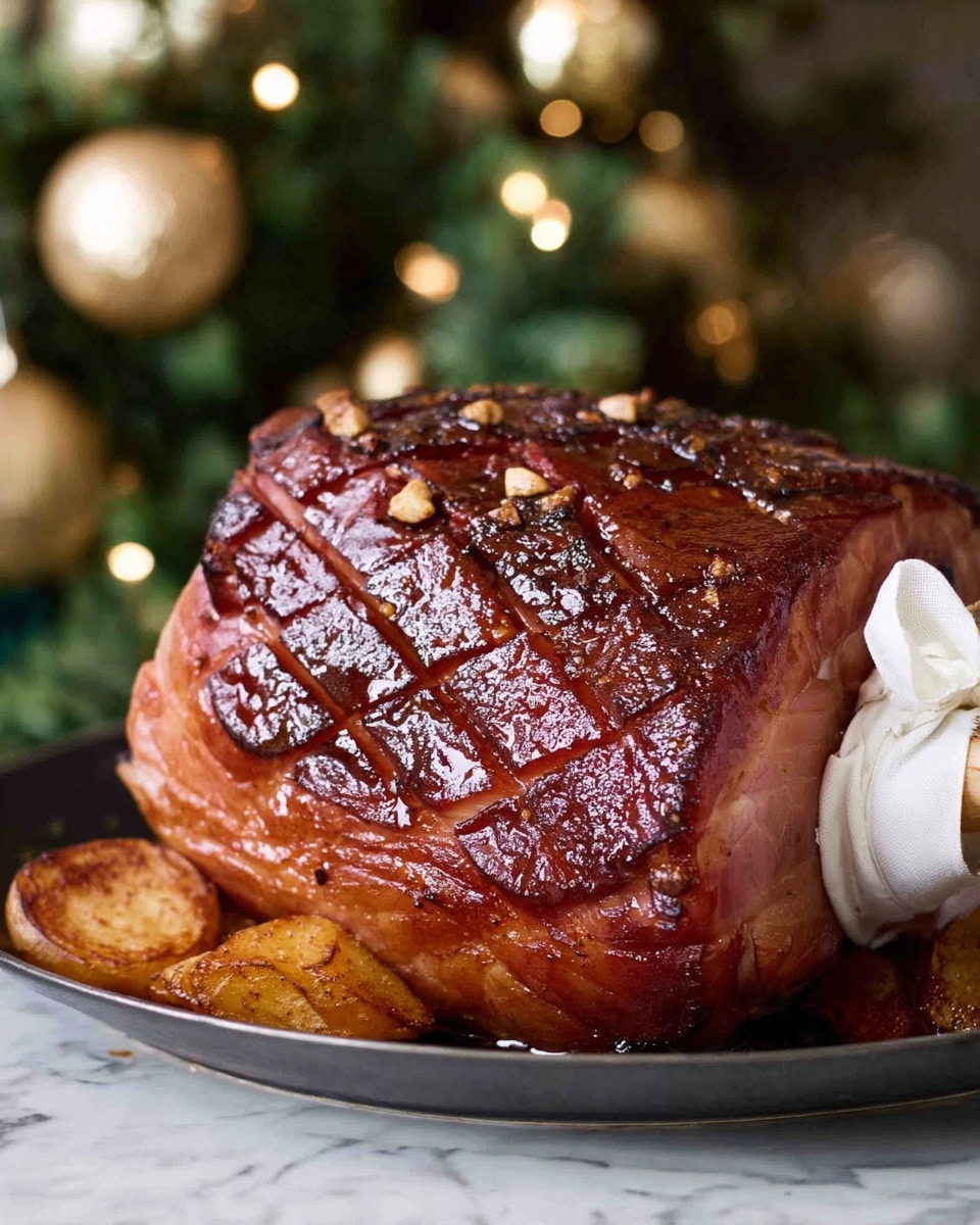 A large roasted ham with a deep brown, glossy glaze covers the entire surface. It has a diamond pattern scored into the top layer, with small cloves stuck at the points where the lines cross. The ham sits on a white plate with a few roasted golden-brown wedges of fruit or vegetables beneath it. The bone is visible on the right side of the ham, wrapped with a white cloth tied in a neat bow. The background shows a blurry Christmas tree with gold ornaments, all set on a white marbled texture. Photo taken with an iphone --ar 4:5 --v 7