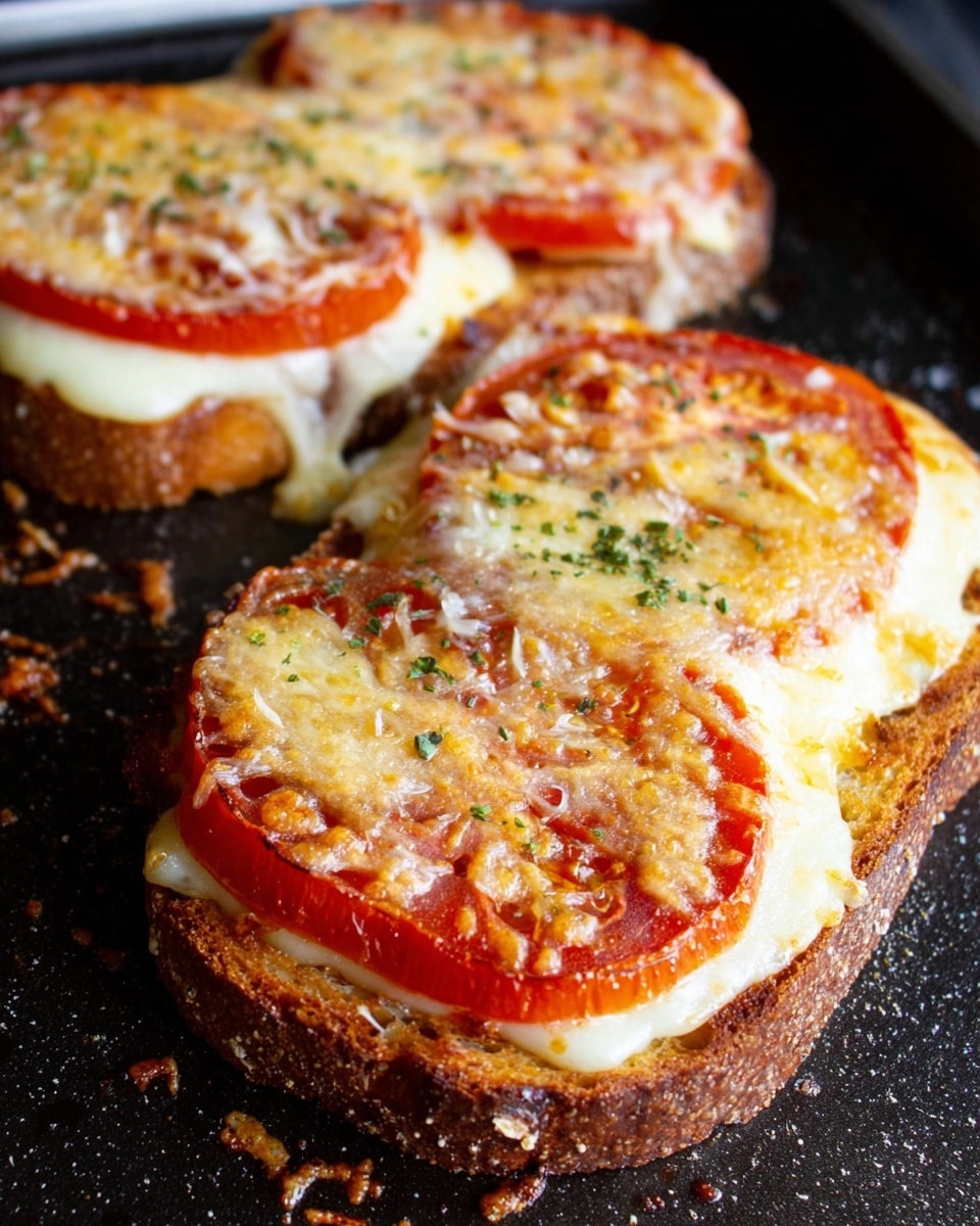 The image shows two slices of toasted bread laid on a dark cooking surface, each topped with a melted and slightly browned layer of mozzarella cheese, followed by thick, round slices of red tomato, and sprinkled with grated cheese that has melted and browned in small bits around the edges. The cheese has a gooey texture and is slightly bubbling, covering most of the tomato slices. There are some crispy cheese bits scattered on the surface near the bread. The bread has a rough, toasted crust and a soft inside, visible beneath the cheese and tomato layers. photo taken with an iphone --ar 4:5 --v 7