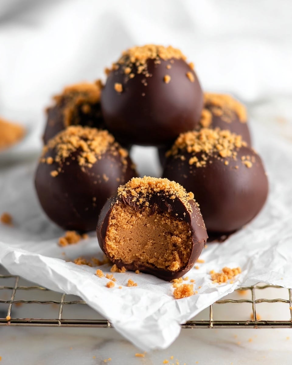 The image shows five round chocolate-covered treats arranged on white crinkled parchment paper that rests on a silver cooling rack, which is placed on a white marbled surface. Each treat is topped with golden brown crumbly bits, giving a textured look on the smooth dark chocolate coating. To the right of the treats lies a rectangular golden brown Lotus biscuit with the logo imprinted on top, adding a contrasting color and texture. In the upper part of the image, a white cup filled with milk is slightly seen from above with the milk surface blurred softly. The overall look is clean, bright, and inviting with a mix of smooth, crumbly, and solid textures. photo taken with an iphone --ar 4:5 --v 7