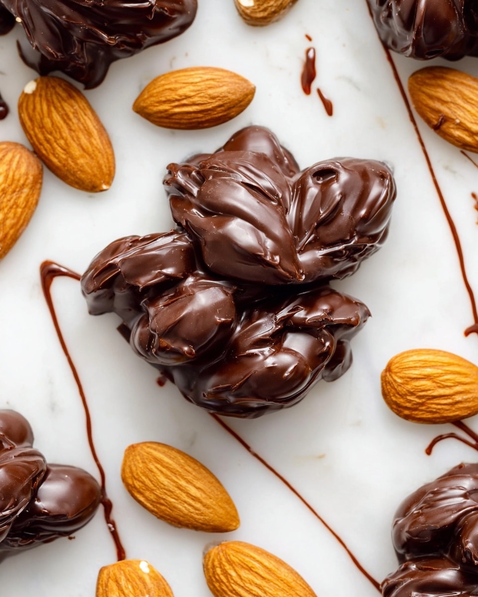 The image shows a close-up of several dark chocolate clusters with whole almonds covered in glossy chocolate, some topped with small flakes of white sea salt. The clusters have an uneven, rough texture from the almonds inside, and the chocolate coating is smooth and shiny. Around the clusters, a few whole almonds are placed, showing a golden brown color. The background is a white marbled surface which contrasts well with the dark chocolate. photo taken with an iphone --ar 4:5 --v 7