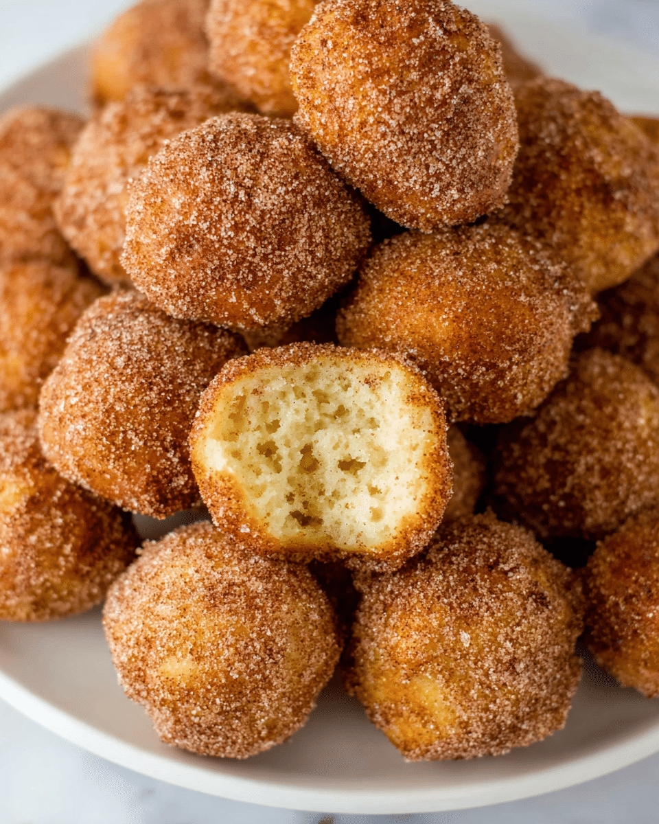 A white plate filled with many small round doughnut holes covered in cinnamon sugar, showing a rough and grainy texture on the outside with a golden-brown color. One doughnut hole is bitten into, revealing the soft, light, fluffy inside with a pale yellow color and tiny air holes. The doughnut holes are crowded closely together on a white marbled surface. photo taken with an iphone --ar 4:5 --v 7