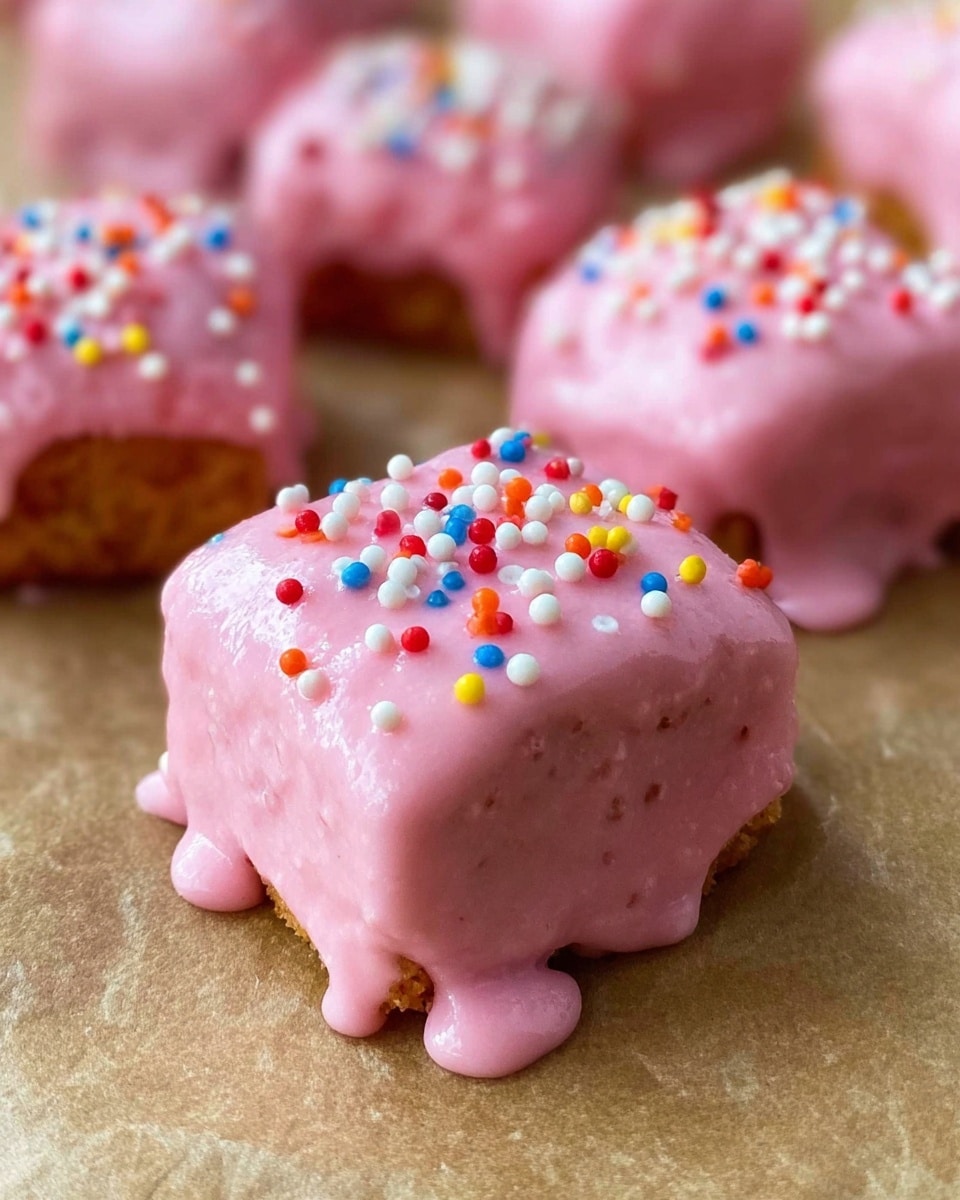 The image shows several small square-shaped treats covered in a thick layer of smooth pink frosting with a slightly glossy texture. Each treat is topped with colorful round sprinkles in various colors such as white, red, blue, yellow, orange, and green, scattered unevenly across the top. The frosting drips gently down the sides of the treats, resting on a brown parchment-lined surface, with the focus on the front treat which is sharp and clear while the background treats are slightly blurred. photo taken with an iphone --ar 4:5 --v 7