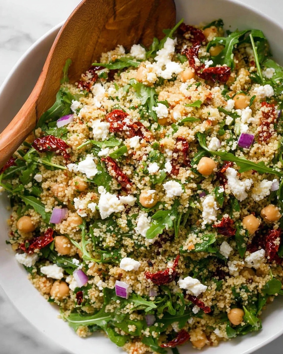 A large white bowl filled with a mixed salad made of several layers: the base layer is light-colored couscous or quinoa with small round chickpeas scattered throughout, topped with bright green arugula leaves and chopped fresh herbs; sun-dried tomatoes add dark red strips throughout the salad, while crumbled white cheese is sprinkled generously on top. There are also small pieces of chopped red onion visible, and two light wooden salad spoons partially immersed in the salad. The bowl is placed on a white marbled textured surface. photo taken with an iphone --ar 4:5 --v 7