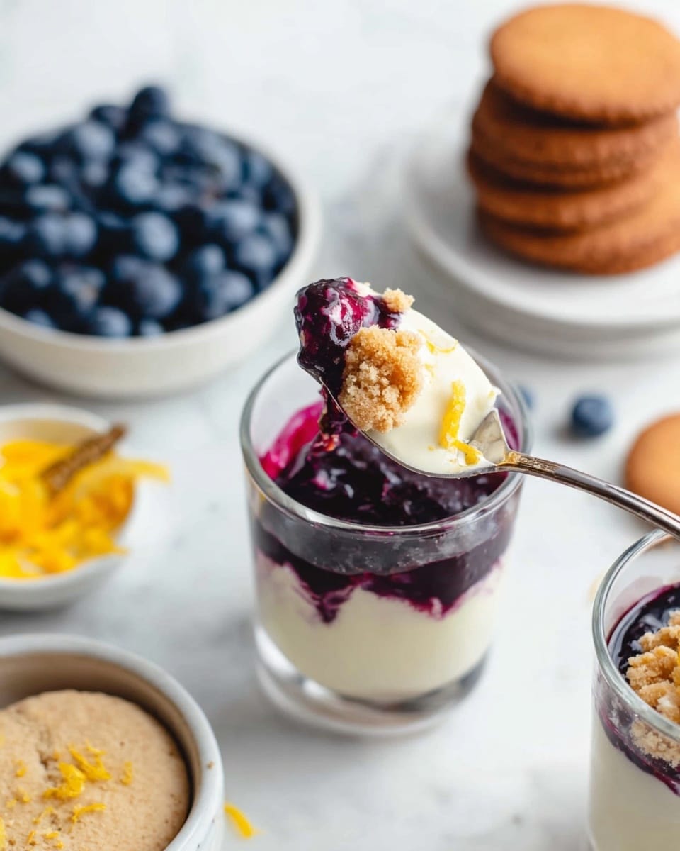 A close-up shows a spoon held by a woman's hand lifting a layered dessert from a clear glass, with three visible layers: a bottom layer of creamy white texture, a middle layer of dark purple berry sauce, and a top crumbly golden-brown layer. Behind the glass is a white bowl filled with fresh blueberries, as well as a white bowl with orange zest, and a white plate stacked with brown biscuits, all set on a white marbled texture surface. Photo taken with an iphone --ar 4:5 --v 7