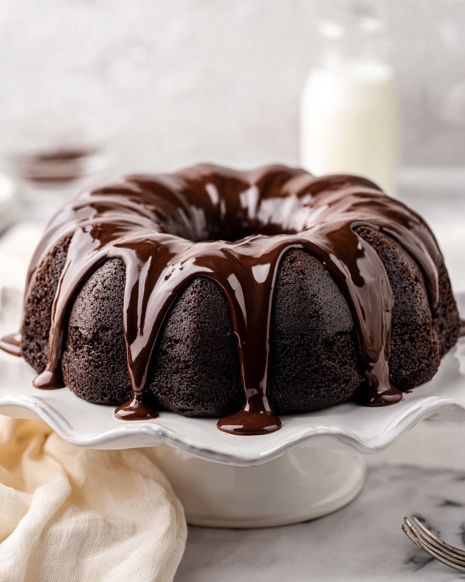 The image shows a rich chocolate bundt cake sliced into three thick layers, each layer dark brown with a moist, dense texture. The cake is covered with a shiny, smooth dark chocolate glaze that drips slightly over the edges and onto the white scalloped plate. The background features a soft, creamy fabric on a white marbled texture. Photo taken with an iphone --ar 4:5 --v 7
