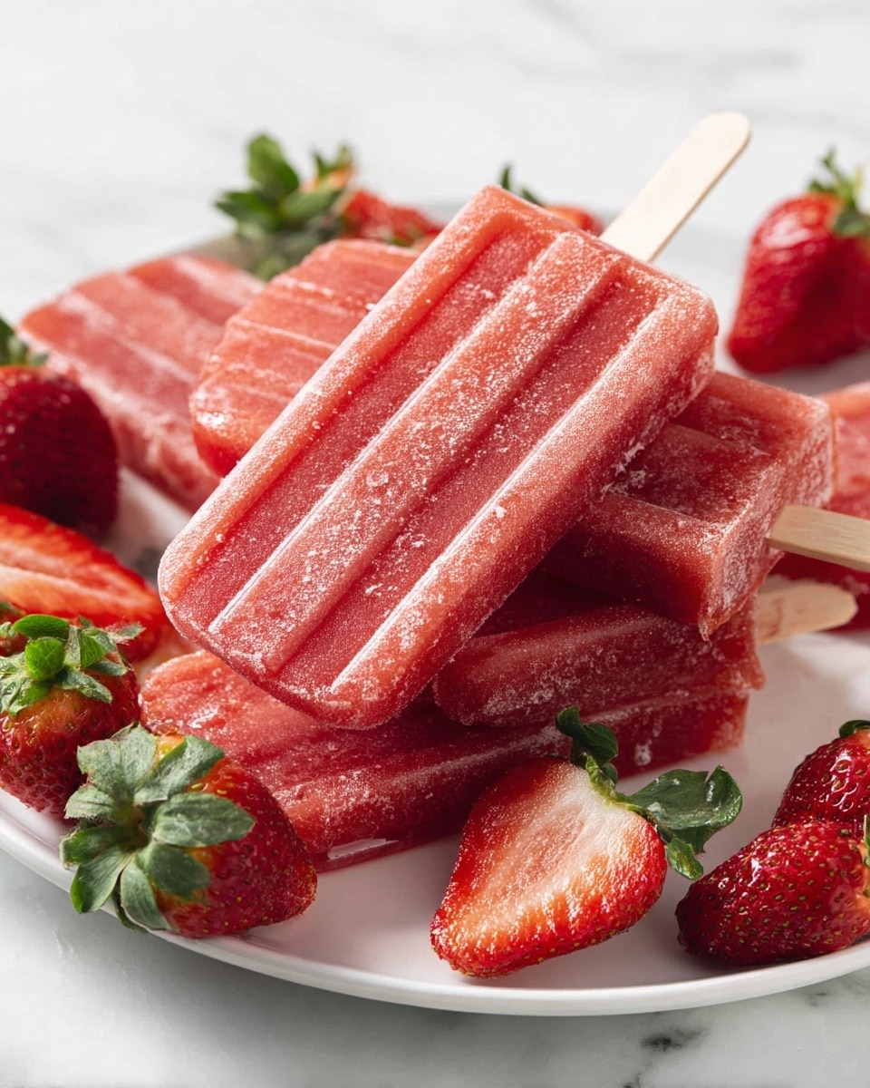A white plate holds six red strawberry popsicles stacked and leaning on each other, with visible frosty texture and icy crystals on their surface, each popsicle having a ribbed pattern and a wooden stick extending from one end; scattered among the popsicles are fresh red strawberries with bright green leaves, placed on and around the popsicles, all set on a white marbled surface. photo taken with an iphone --ar 4:5 --v 7