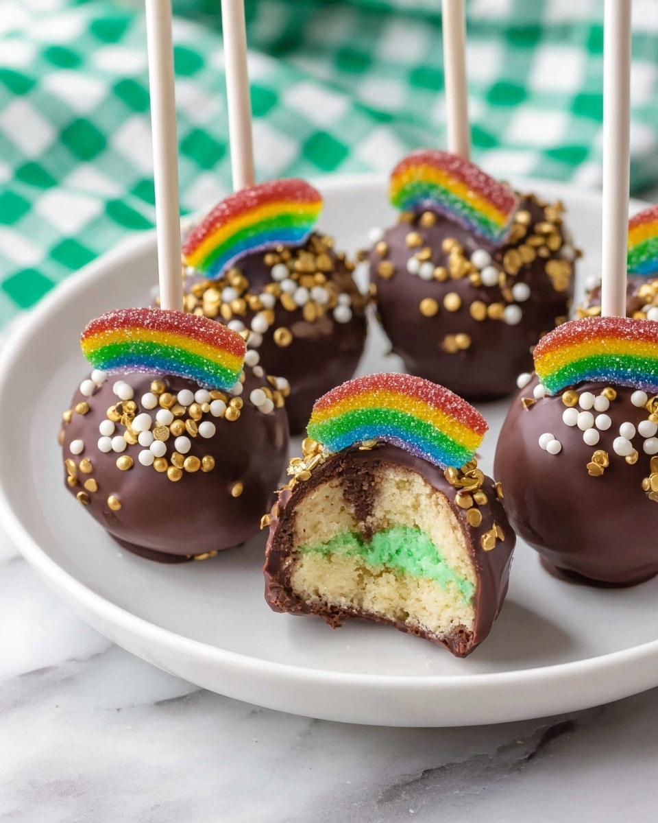 A white plate holds five chocolate-covered cake pops with white sticks standing upright in the center of each pop. Each cake pop has a smooth, dark brown chocolate coating forming the outer layer. On top of each, there is a small piece of rainbow-striped gummy candy, curved and bright with red, orange, yellow, green, and blue colors. Surrounding the gummy candy are small round sprinkles in white and gold colors, adding texture and contrast to the dark chocolate. One cake pop is cut in half, showing inside a pale cream cake with a bright green layer in the middle, giving the cake a colorful two-layer look. The background is a white marbled surface with a faint pattern and a hint of a green checkered cloth at the front edge. photo taken with an iphone --ar 4:5 --v 7