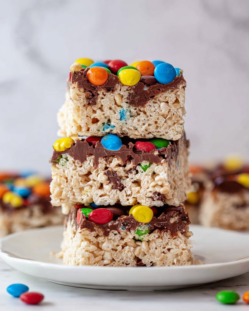 A glass dish holds six square treats arranged in two rows, each with three squares. The top layer is covered with a thick, shiny mix of colorful candy-coated chocolates in red, yellow, blue, green, orange, and brown. Underneath this, there is a dark brown chocolate layer that appears smooth and glossy. The base layer is made of white, airy, and textured popcorn pieces tightly packed together. Around the dish are some loose candies scattered on a white marbled surface, and a white bowl filled with the same colorful candies is visible at the top right corner. A white plate with a single small treat and some candies is partly visible on the left side. photo taken with an iphone --ar 4:5 --v 7