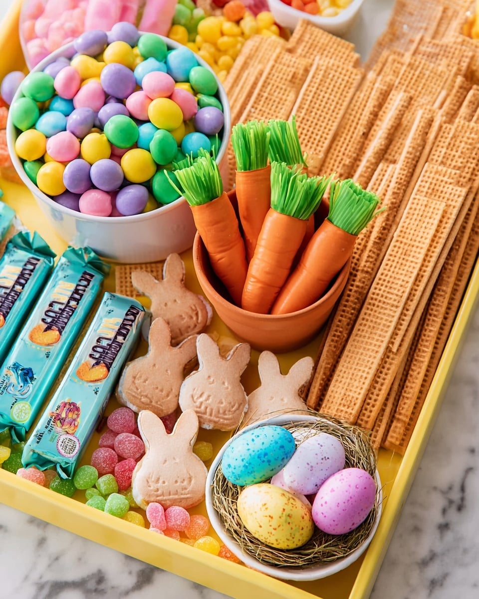 A colorful tray filled with a variety of Easter-themed treats is shown on a white marbled surface. In the top left, there is a white bowl full of smooth, round candy-coated chocolates in pastel colors like green, pink, yellow, purple, and blue. Below the bowl, small bunny-shaped cookies or biscuits are stacked next to small wrapped chocolate bars with bunny images on the wrappers. A small orange pot holds carrot-shaped candies with green tops. To the right of this, there are long, light brown wafer sticks piled up, with rectangular wafer cookies with a grid pattern stacked above them. Near the top right, there is a white plate that looks like a small bird's nest, filled with colorful speckled egg-shaped chocolates in pink, blue, and yellow. The tray surface underneath is yellow, and assorted gummy candies fill the empty spaces, adding more pastel colors to the display. photo taken with an iphone --ar 4:5 --v 7