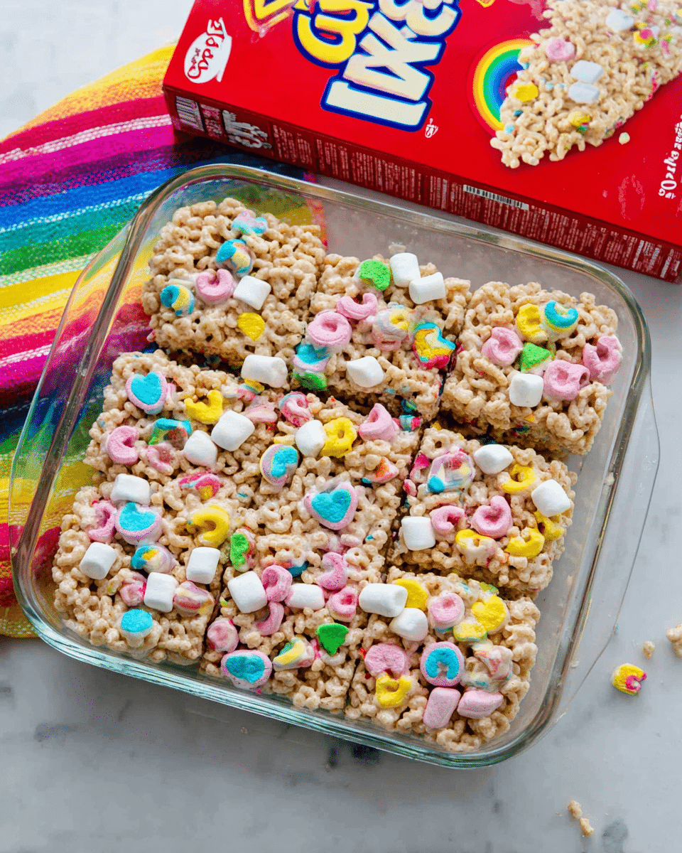 A clear glass dish filled with a thick layer of golden beige cereal pieces mixed with small, fluffy white marshmallows and colorful marshmallow shapes in pink, blue, yellow, green, and purple scattered evenly throughout. The cereal treats are cut into nine square pieces, with slight melting and stickiness visible between layers. The dish sits on a white marbled surface next to an opened, red Lucky Charms cereal box and a striped rainbow-colored cloth underneath the dish’s corner, adding bright splashes of color to the clean background. photo taken with an iphone --ar 4:5 --v 7