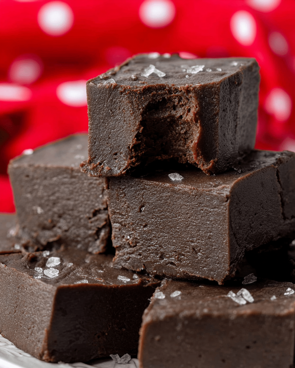 A stack of thick, dark gray fudge squares with a smooth and slightly crumbly texture is shown up close, the top square displaying a small bite taken out, revealing a dense, moist inside. The fudge pieces have sharp edges and a slightly matte finish, stacked unevenly on a white plate. The background features a vibrant red cloth with white polka dots, providing a lively contrast to the muted tones of the fudge. Photo taken with an iphone --ar 4:5 --v 7