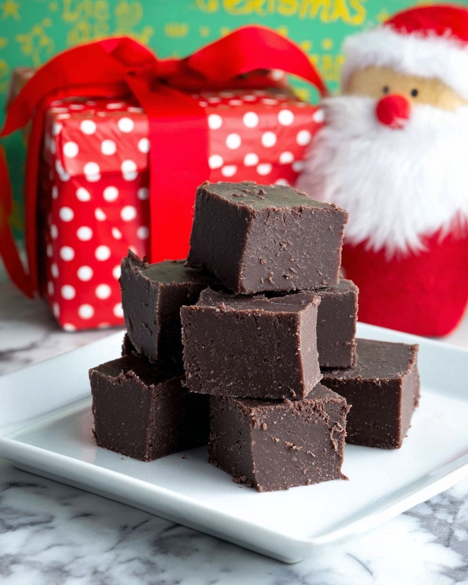 A stack of eight thick, dark chocolate fudge squares is arranged in a pyramid on a white square plate. Each fudge piece has a smooth but slightly textured surface with visible drip marks and a dense, rich look. The fudge squares are deep dark brown, almost black. The plate sits on a green surface with Christmas-themed text, and behind it is a red and white polka dot gift box topped with a red ribbon bow. To the right, there is a festive Santa decoration with a fluffy white beard and red nose. The entire scene is set against a white marbled textured surface. photo taken with an iphone --ar 4:5 --v 7