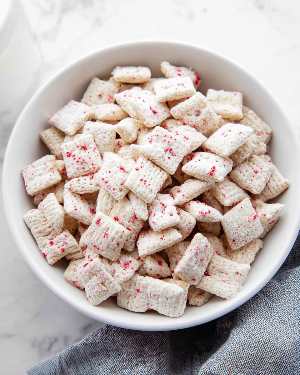 A white bowl full of square and rectangular cereal pieces, coated in a white, powdery, frosted layer with tiny red specks scattered throughout. The cereal pieces have various small holes and textured patterns on their surface, giving them a crunchy appearance. The bowl rests on a white marbled textured surface, with a soft grey cloth nearby. photo taken with an iphone --ar 4:5 --v 7