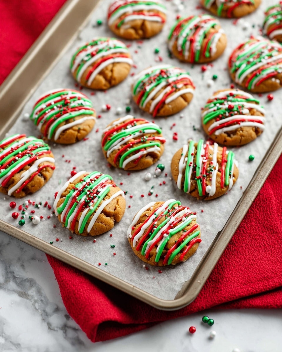 The image shows a baking tray filled with golden brown cookies, each topped with three layers of icing drizzles in white, green, and red colors arranged in wavy lines across the surface. The cookies are round and have a slightly chunky texture from the ingredients. There are small round red, white, and green sprinkles scattered on top of the icing and some on the tray itself. The tray rests on a white marbled surface with a bright red cloth partially visible underneath the tray on the lower right side. Photo taken with an iphone --ar 4:5 --v 7