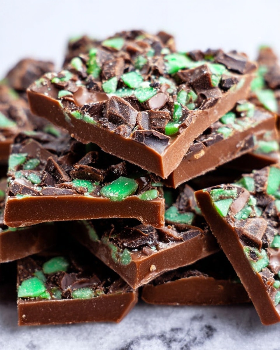 The image shows a pile of square pieces of chocolate bark stacked on a white marbled surface. Each piece has two visible layers: the bottom layer is smooth and milk chocolate brown, and the top layer is covered with rough dark chocolate chunks mixed with small green mint candy pieces, creating a textured and colorful topping. The pieces are closely packed together, some leaning against each other, with clear edges showing the thickness of both layers. photo taken with an iphone --ar 4:5 --v 7