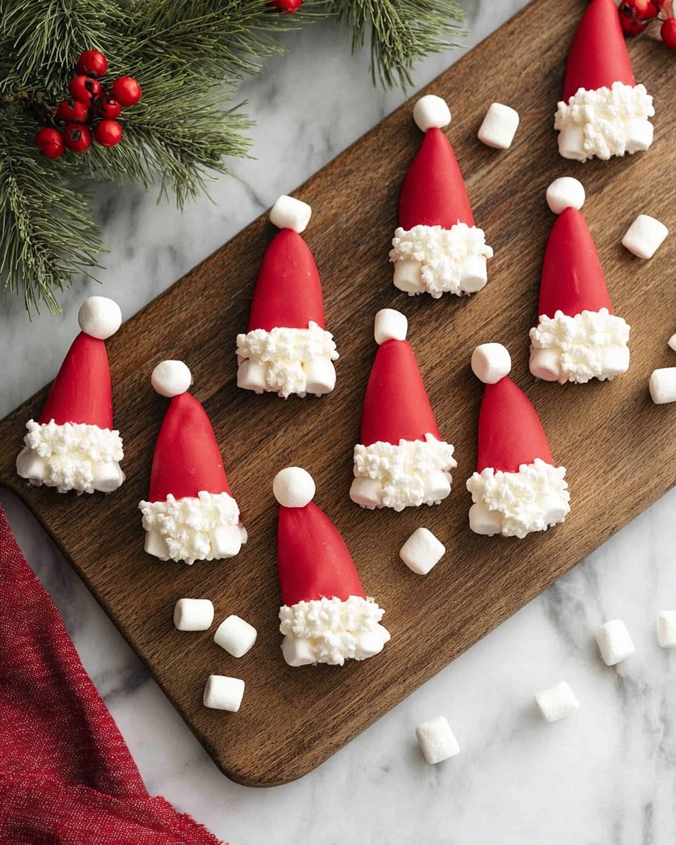 A wooden board holds several small Santa hat-shaped treats evenly spaced. Each treat has a bright red, smooth, pointed cone layer representing the hat, topped with a small round white marshmallow ball. The bottom edge of each hat is decorated with textured white marshmallow clusters shaped like fluffy trim. The wooden board is placed on a white marbled surface scattered with small white marshmallows. Green pine branches with red berries are partly visible at the top left corner, adding a festive touch. photo taken with an iphone --ar 4:5 --v 7