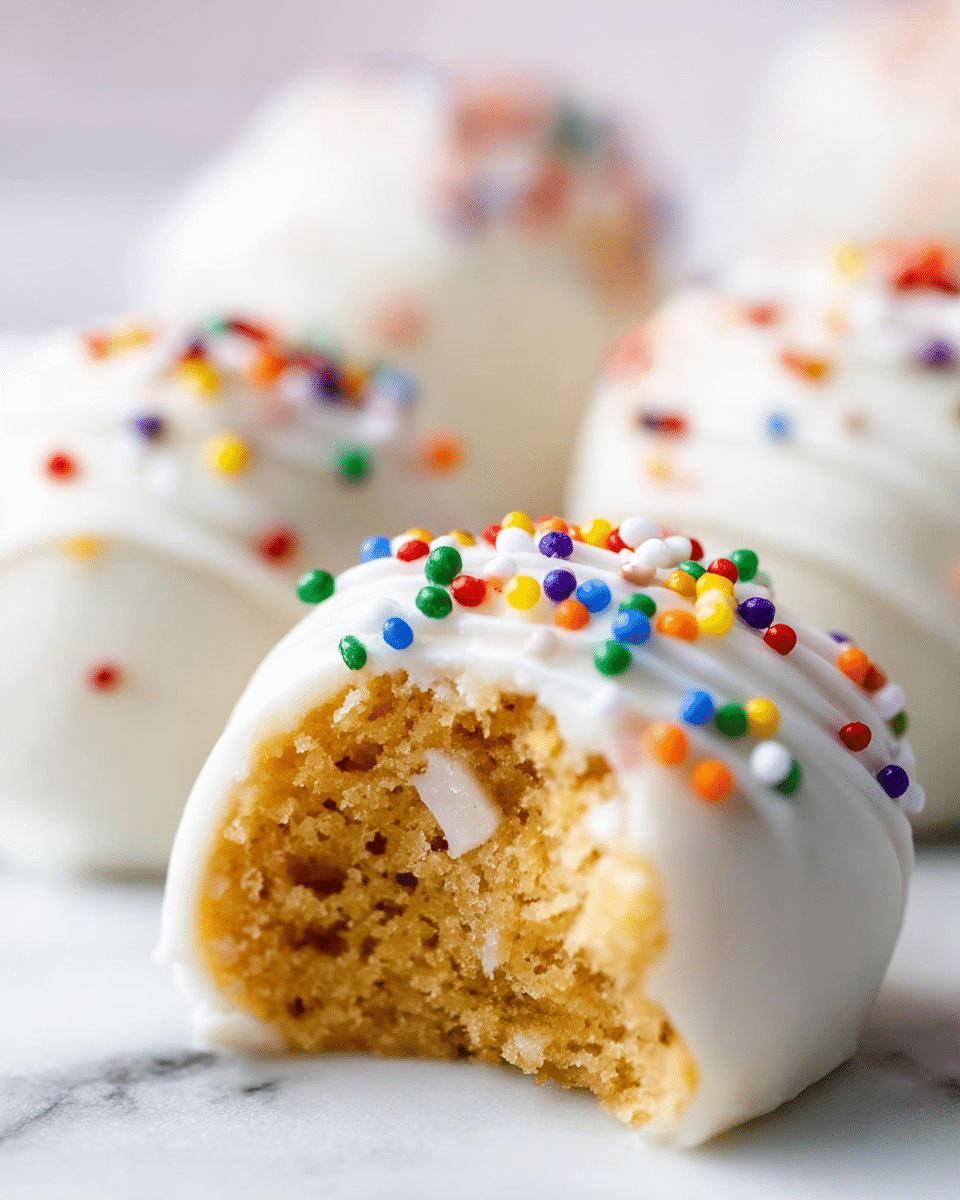 A close-up image shows a row of four round cake balls, each covered with smooth white icing and topped with small, colorful round sprinkles in red, blue, green, yellow, orange, purple, and white. The closest cake ball is front and center, with a bite taken out of it, revealing a soft, moist golden cake interior with bits of white icing inside. The other three cake balls are blurred in the background. All cake balls rest on a white surface with a subtle marbled texture. Photo taken with an iphone --ar 4:5 --v 7