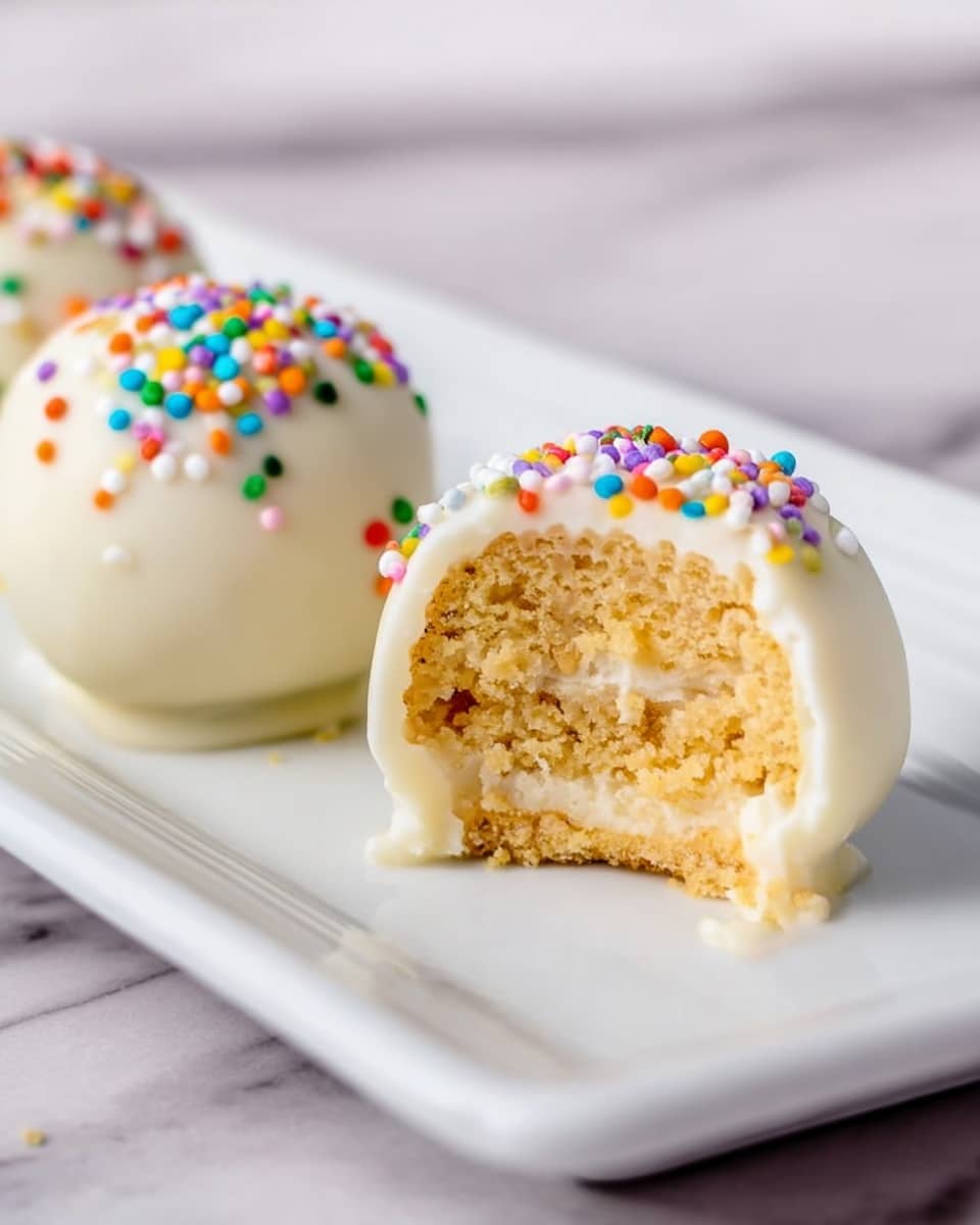 Two round cake balls covered in smooth white chocolate with small, colorful candy sprinkles on top sit on a long white plate on a white marbled surface. The cake ball in the front right has a bite taken out of it, showing a light golden brown crumbly inside with layers of moist cake and white filling. The cake ball at the back left is whole and intact, decorated similarly with sprinkles. The lighting is bright and natural, highlighting the glossy texture of the white chocolate coating. Photo taken with an iphone --ar 4:5 --v 7