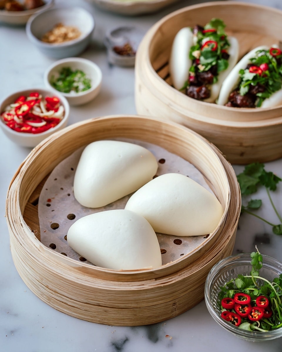The image shows a bamboo steamer basket holding three smooth, white, folded buns with a soft texture, each shaped like a half-moon sitting on a sheet of parchment with holes. Next to the buns is a small clear bowl filled with sliced red and green chili peppers, and some fresh green coriander sprigs scattered around. In the background, there is another bamboo steamer with two folded buns filled with dark brown pieces of meat, green leafy herbs, and red chili slices. The setting is on a white marbled surface with other small bowls containing different ingredients blurred in the background. photo taken with an iphone --ar 4:5 --v 7