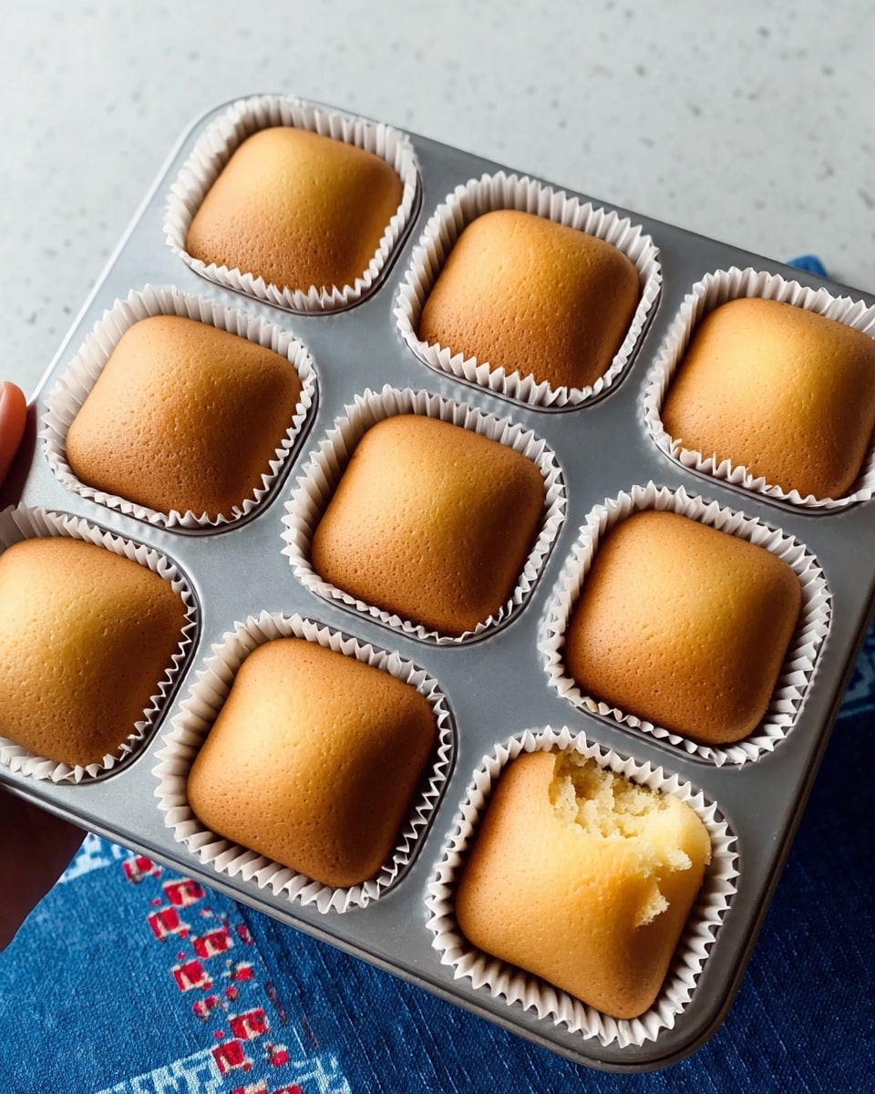 Nine small, soft, golden-brown sponge cakes sit in a silver metal muffin tray, each held in a white pleated paper liner; the cakes are square with rounded tops and some have small bites taken out, showing a light and fluffy texture inside. The tray rests on a white marbled surface with a blue cloth featuring red and white small patterns partially visible under the tray. A woman's hand is seen holding the tray from the top left corner. photo taken with an iphone --ar 4:5 --v 7