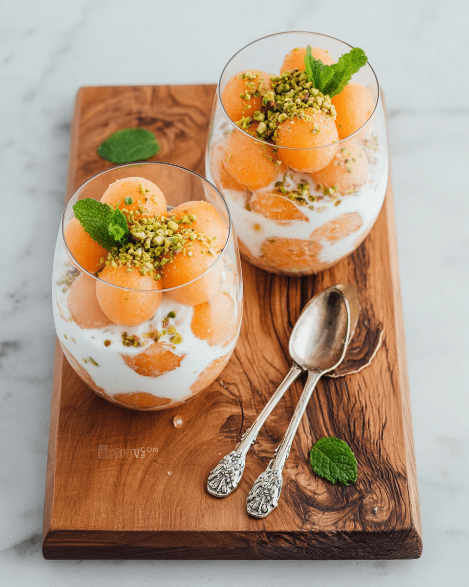 There are two clear glass cups on a wooden board with a natural grain pattern, placed on a white marbled surface. Each cup has layers of round, orange melon balls mixed with white creamy yogurt, swirled together. The top layer shows more melon balls, sprinkled with crushed green pistachios and a small fresh green mint leaf for garnish. Two small silver spoons with decorative handles rest on the wooden board beside the cups. A small green mint leaf is also placed on the board. Photo taken with an iphone --ar 4:5 --v 7
