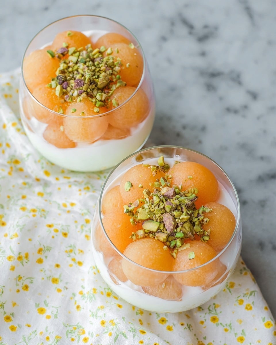 Two clear glass cups are filled with a three-layer dessert, placed on a white marbled surface covered with a white cloth that has small yellow flowers. The bottom layer is smooth and white, likely creamy yogurt. On top, there is a layer of orange melon balls that look juicy and fresh. The topmost layer is a sprinkle of chopped green pistachios scattered over the melon balls and white cream, adding texture and color contrast. The light shows the creamy and fresh textures nicely, making the dessert look cool and inviting. photo taken with an iphone --ar 4:5 --v 7
