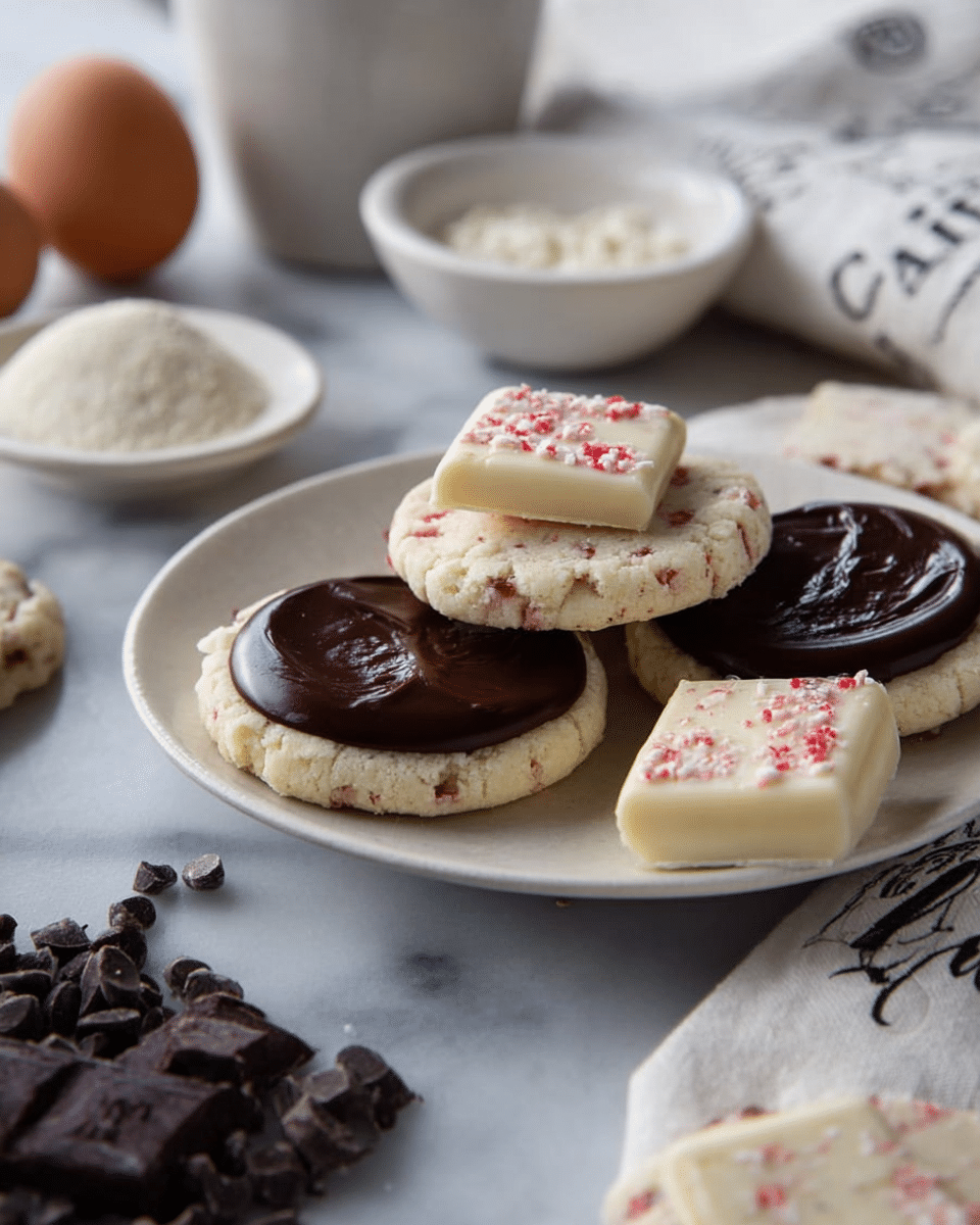 The image shows round cookies with three distinct layers placed on a white plate set on a white marbled surface. The base layer is a textured white cookie with small red bits mixed throughout, forming a flat circle. On top of this cookie base is a smooth, thick, glossy dark brown chocolate layer, spread evenly and slightly raised in the center. The final layer is a square piece of white chocolate with pink spots, placed right in the middle on top of the dark chocolate. Around the plate are some baking items like eggs, a white bowl of flour, dark chocolate chips, and a white towel with black text and a partial logo. Photo taken with an iphone --ar 4:5 --v 7