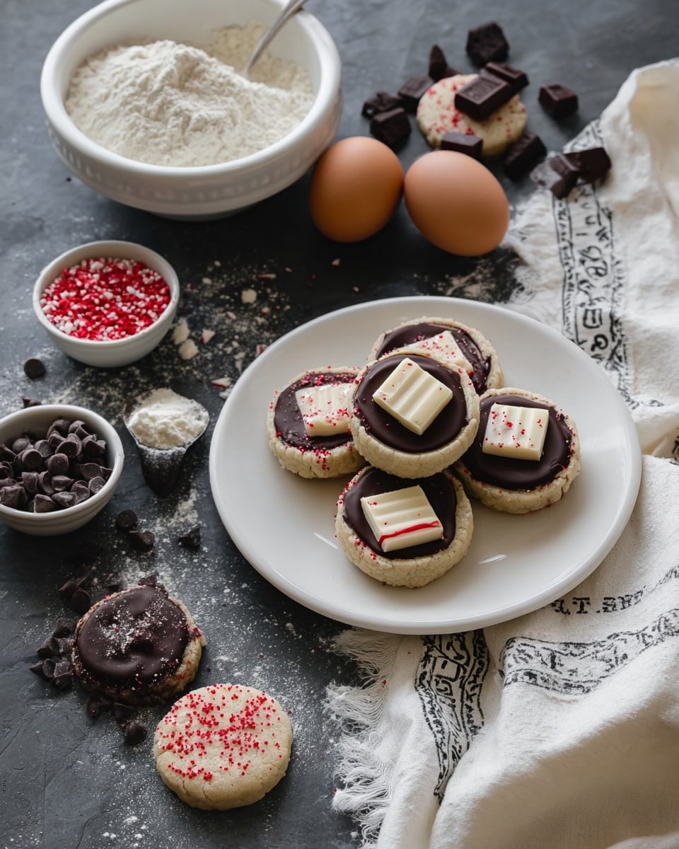 The image shows a white plate with five small round cookies, each cookie has a rough light beige base with tiny red sprinkles around the edges, topped with a smooth dark chocolate layer and a square piece of white chocolate with red streaks placed in the center of each. Around the plate, several more cookies are scattered on a dark surface with a white marbled texture, some plain and some layered with chocolate and white chocolate. Nearby, there is a white bowl filled with flour, two brown eggs, scattered dark chocolate chips, a small bowl of red sprinkles, and a metal spoon with flour on it. A cream-colored cloth with a black printed design is partially under the plate and spread out to the right. photo taken with an iphone --ar 4:5 --v 7