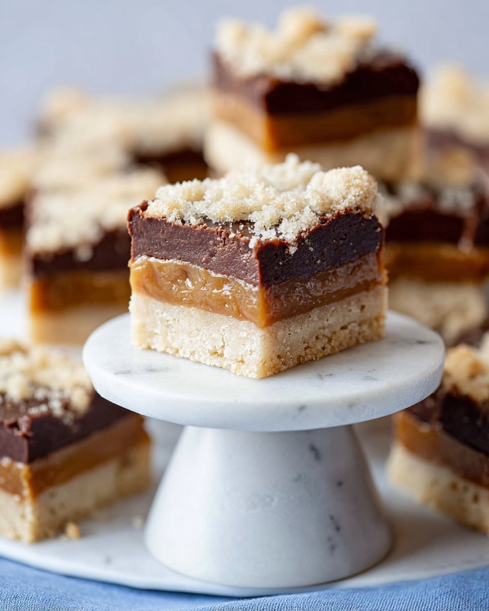 The image shows a close-up of square layered dessert bars arranged on a white marbled surface with a piece elevated on a small white pedestal. Each bar has three visible layers: a bottom layer of pale, crumbly crust, a middle thick layer of caramel with a smooth, golden brown color, and a top layer of rich, dark chocolate with a slightly melted texture, topped by a crumbly light beige streusel-like topping. The bars have clean edges and a soft, dense look, with the layers clearly defined and textured. The background is softly blurred, focusing on the dessert bars in front. Photo taken with an iphone --ar 4:5 --v 7