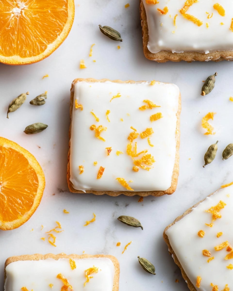 The image shows square cookies with a thick white frosting layer on top, decorated with small pieces of bright orange zest scattered unevenly. The cookie base is a light brown color with slightly scalloped edges visible beneath the frosting. Around the cookies, there are whole cardamom pods and loose orange zest pieces spread on a white marbled surface. On the left side, a half-cut fresh orange is partially visible, showing its juicy, vibrant orange interior. The scene is well lit with soft natural light. photo taken with an iphone --ar 4:5 --v 7