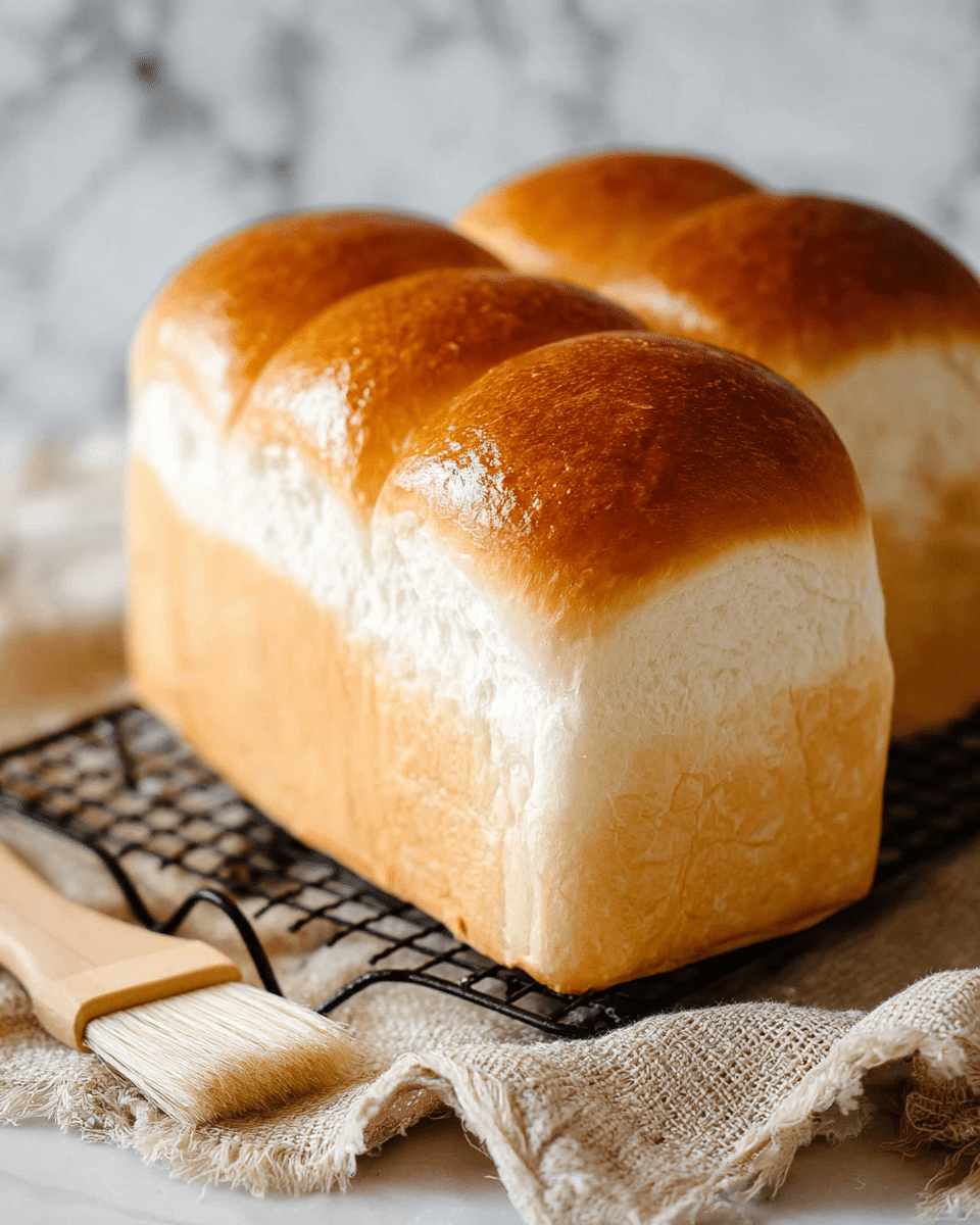 A loaf of bread with two high, rounded golden-brown tops and smooth, soft white sides sits on a black wire cooling rack. The bread has a light shiny crust on the top and a fluffy, textured white inside. In front of the rack, there is a light wooden brush with soft white bristles resting on a rough beige cloth. The background is a white marbled surface. photo taken with an iphone --ar 4:5 --v 7
