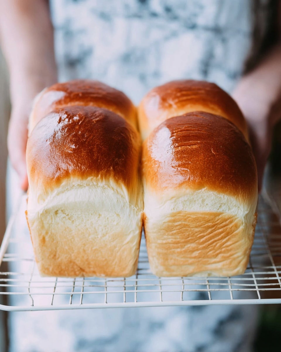 Two thick loaves of soft bread with shiny brown tops and light beige sides are placed side by side on a white wire rack held by a woman's hands. The bread shows a slight swirl pattern on the sides and has a fluffy texture. The background is blurred but shows a white marbled texture. photo taken with an iphone --ar 4:5 --v 7