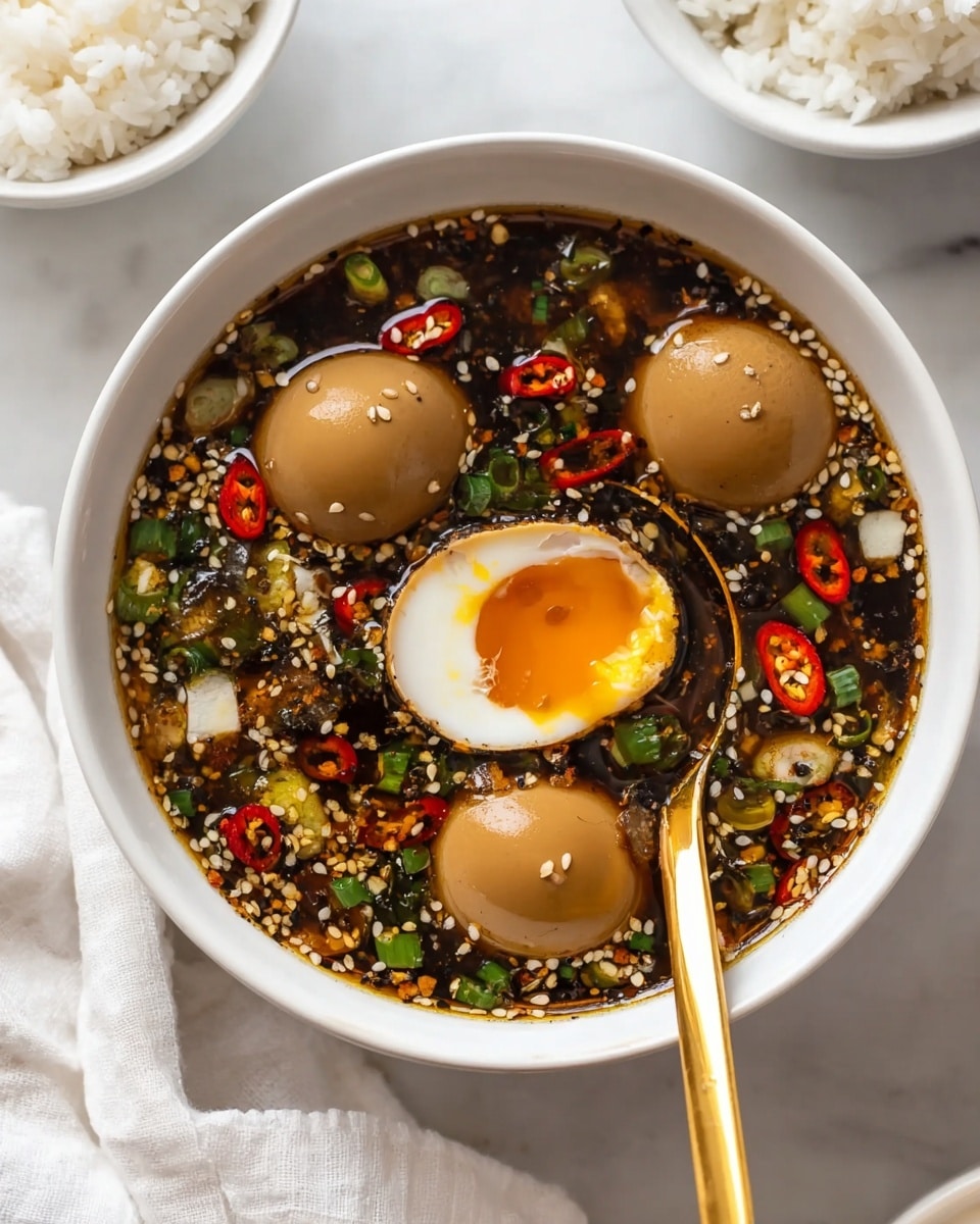 A white bowl filled with dark soy sauce broth scattered with white sesame seeds and small chopped green onions, ginger, and red chili slices floating on top. In the bowl there are three whole brown eggs submerged in the broth, with one egg cut in half revealing a soft, bright orange yolk at the center. A gold spoon rests inside the bowl, partially submerged. The bowl is on a white marbled surface with a white cloth partially under it, and two white bowls of white rice are placed nearby. Photo taken with an iphone --ar 4:5 --v 7