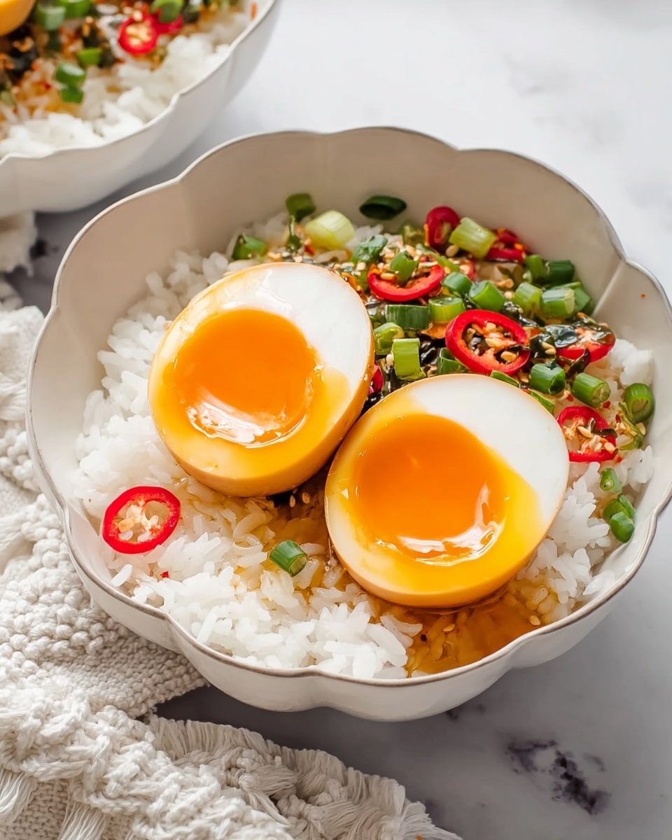 A white scalloped bowl features a base layer of fluffy white rice topped with finely chopped green onions and red and green sliced chili peppers. On top are two halved soft-boiled eggs with shiny, bright orange yolks that look slightly runny and glossy. The dish is placed on a white marbled surface with a textured white cloth nearby, showing a cozy and fresh food setting. photo taken with an iphone --ar 4:5 --v 7
