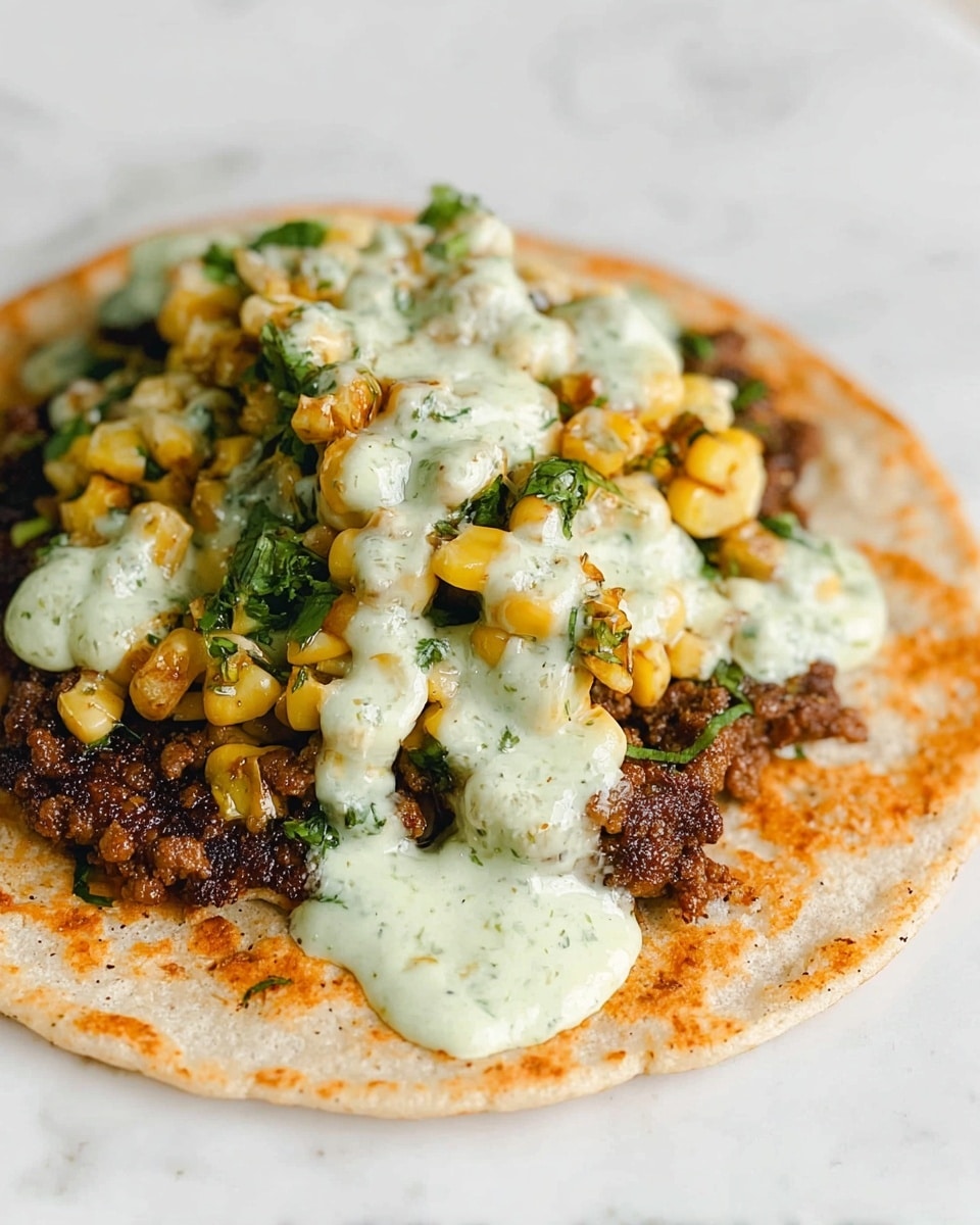 The image shows a single round flat tortilla on a white plate, topped with a browned, crispy layer of cooked ground meat spread evenly across the tortilla. On top of the meat, there is a generous heap of corn kernels mixed with finely chopped green herbs and a creamy sauce with an orange tint. Over this corn mixture, there are several dollops of a thick, pale greenish-white sauce with visible herb flecks, spread mostly in the center of the dish and dripping slightly down the sides. The plate rests on a white marbled surface. photo taken with an iphone --ar 4:5 --v 7