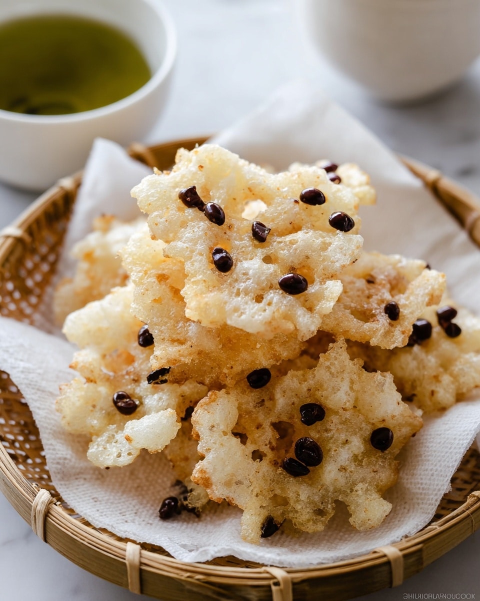The image shows a pile of light golden, crispy fried snacks with a rough, airy texture, each piece studded with small dark brown coffee beans scattered unevenly on top. The snack pieces are placed on white paper towels inside a round woven basket, with the white marbled surface underneath barely visible. In the background, there is a white cup filled with green tea, softly blurred to keep the focus on the textured, crunchy snack in the front. The whole setup is simple and clean, highlighting the snack's crunchy layers and the contrast between the pale fried batter and the dark coffee beans. photo taken with an iphone --ar 4:5 --v 7
