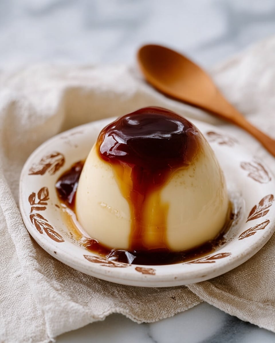 A single pudding shaped like a small dome sits in the middle of a shallow white plate with brown floral designs along the rim. The pudding has a smooth, creamy off-white base layer topped with a thick, glossy dark caramel sauce that drips slightly down the sides. A wooden spoon rests on the plate's edge, holding a scoop of the pudding with caramel sauce on it. The soft texture of the pudding contrasts with the shiny caramel, and the plate is set on a white marbled surface. photo taken with an iphone --ar 4:5 --v 7