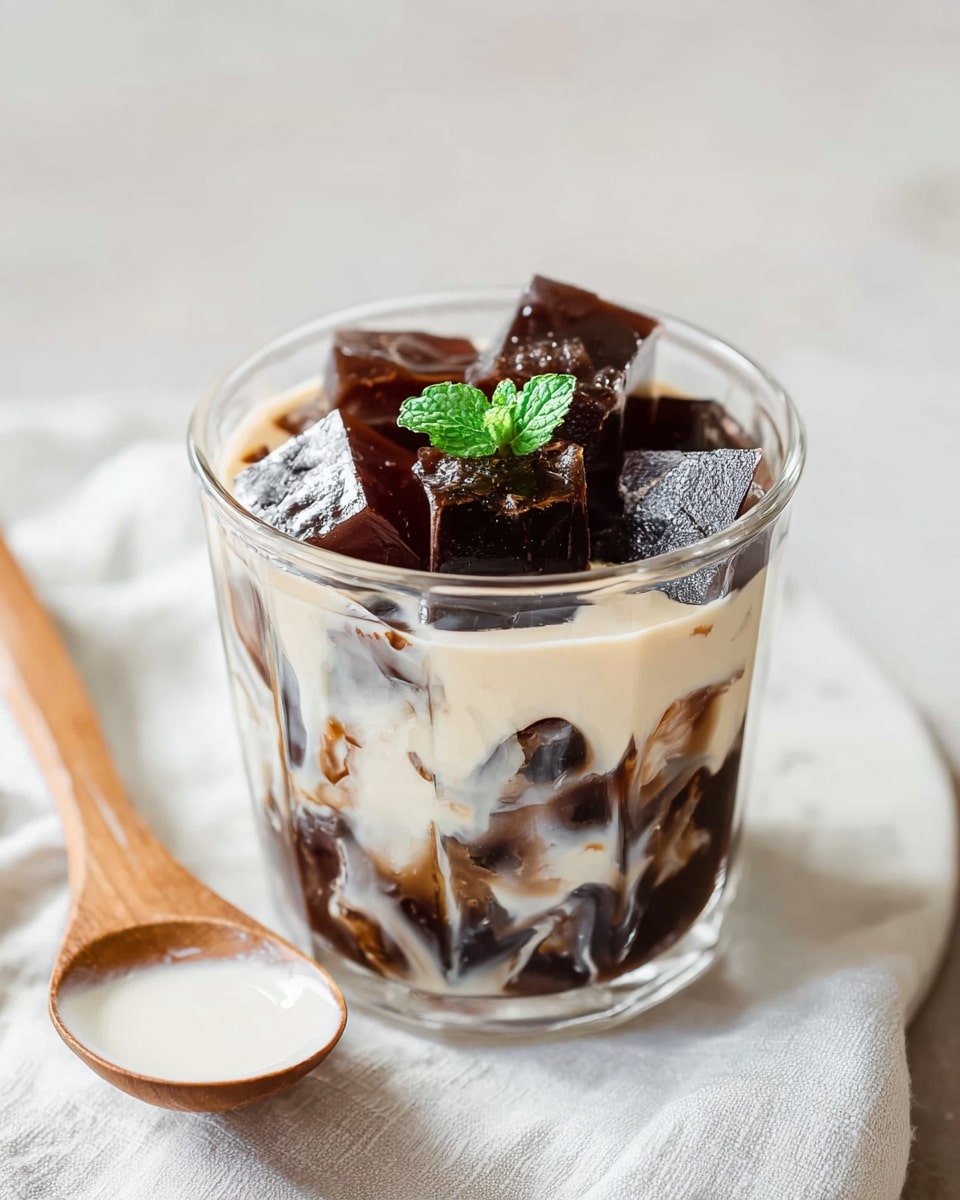 A white speckled cup filled with dark brown coffee jelly cubes, each topped with white cream sauce. The coffee jelly pieces are glossy and have smooth surfaces, stacked closely inside the cup. A small green mint leaf decorates the center on top of the jelly. A wooden stirring stick stands inside the cup, partially submerged. The cup has a sturdy handle on the right side and sits on a white marbled surface. Photo taken with an iphone --ar 4:5 --v 7